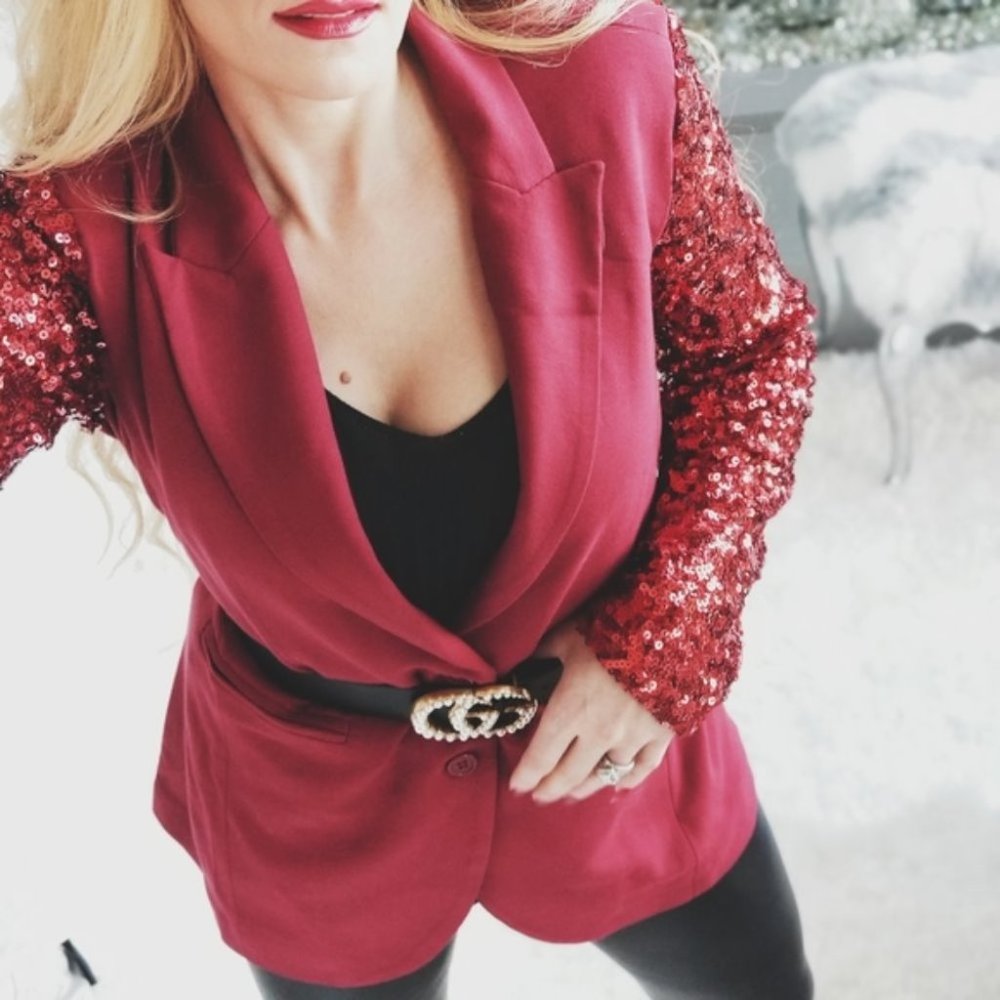 BURGUNDY Sequin Sleeved Blazer Jacket Office Chic - Picture 3 of 3